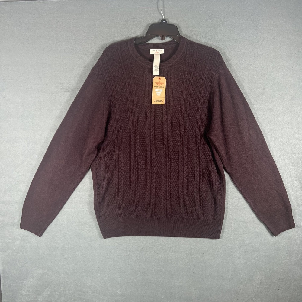 NWT Dockers Men's Cable Knit Crew Neck‎ Sweater Size L Cabernet Easy Care Soft